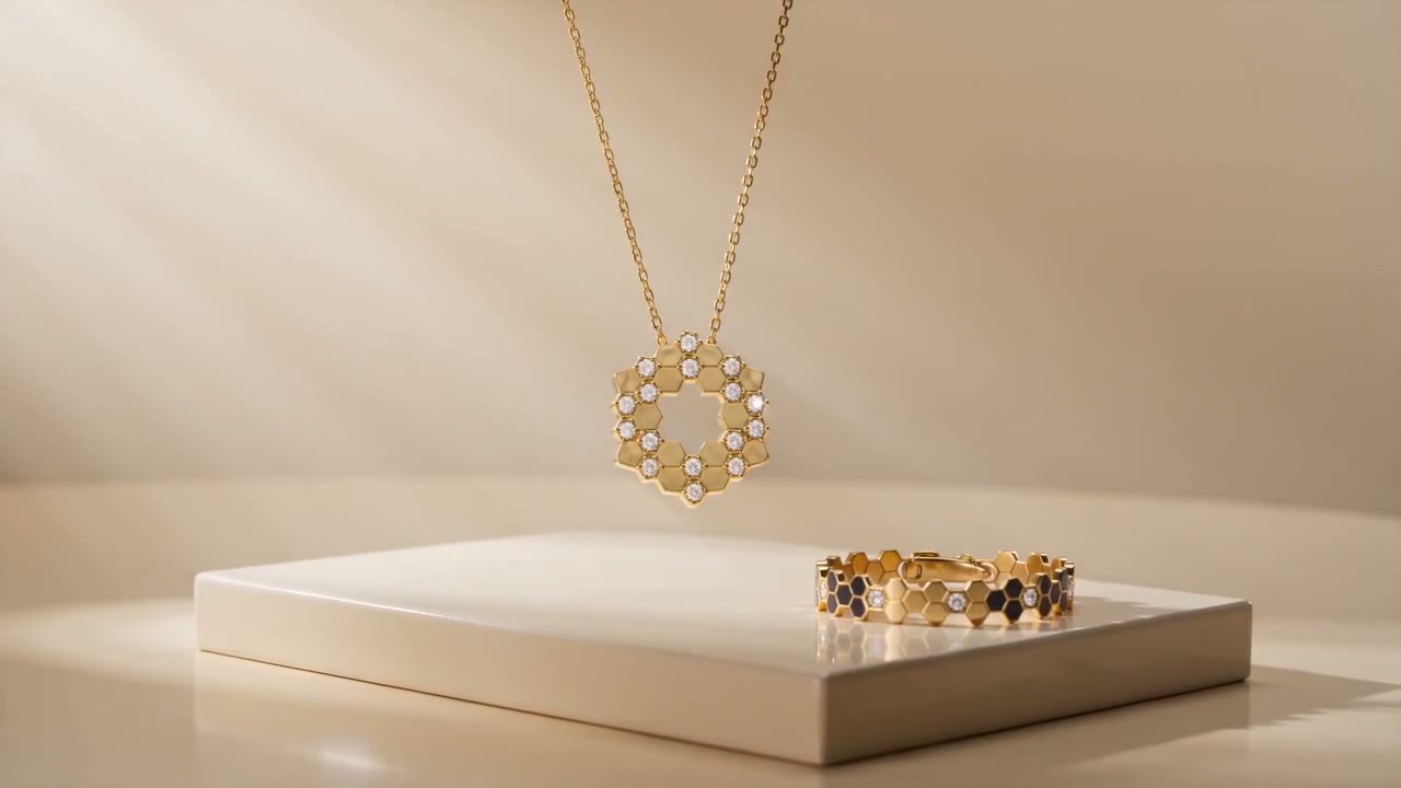 Collier et bracelet Ruche posés sur un présentoir ivoire, dans une lumière douce